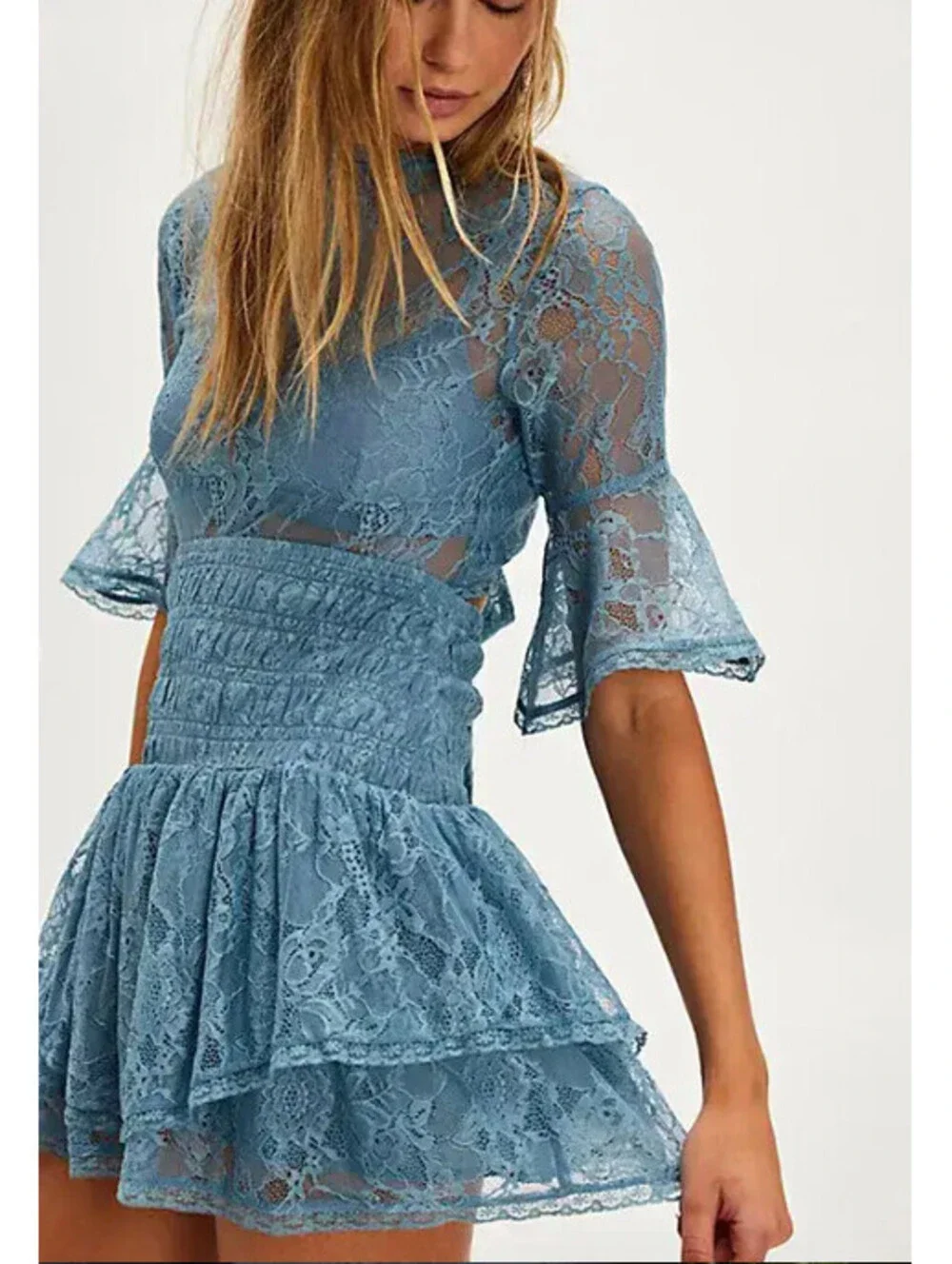 Free People Lala Lace Sheer Reversible V-Neck Mini Dress Baby Blue Sz S $128msrp
